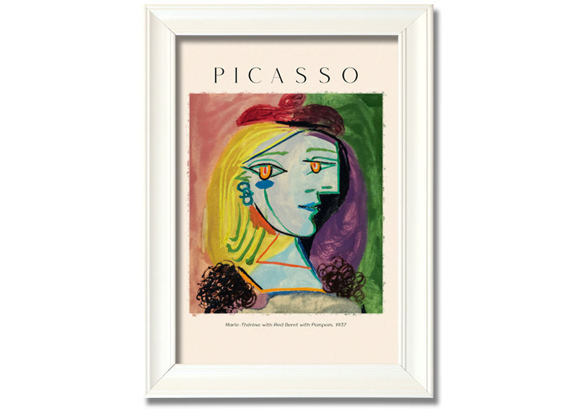 A vibrant canvas print of Picasso's Marie-Thérèse with a red beret and pompom, mounted on a box frame.