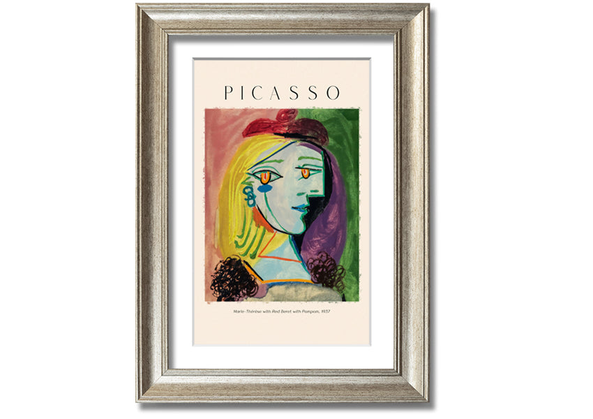 A vibrant canvas print of Picasso's Marie-Thérèse with a red beret and pompom, mounted on a box frame.