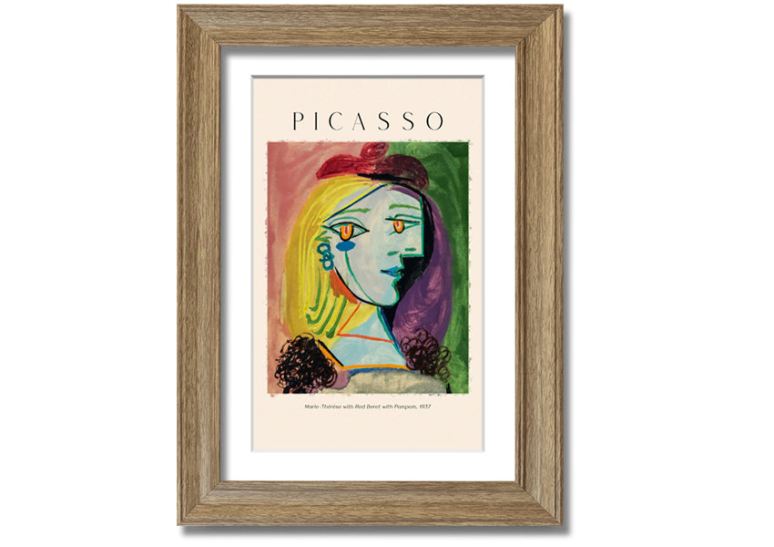 A vibrant canvas print of Picasso's Marie-Thérèse with a red beret and pompom, mounted on a box frame.