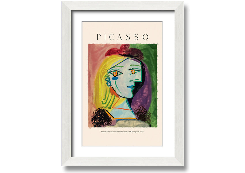 A vibrant canvas print of Picasso's Marie-Thérèse with a red beret and pompom, mounted on a box frame.