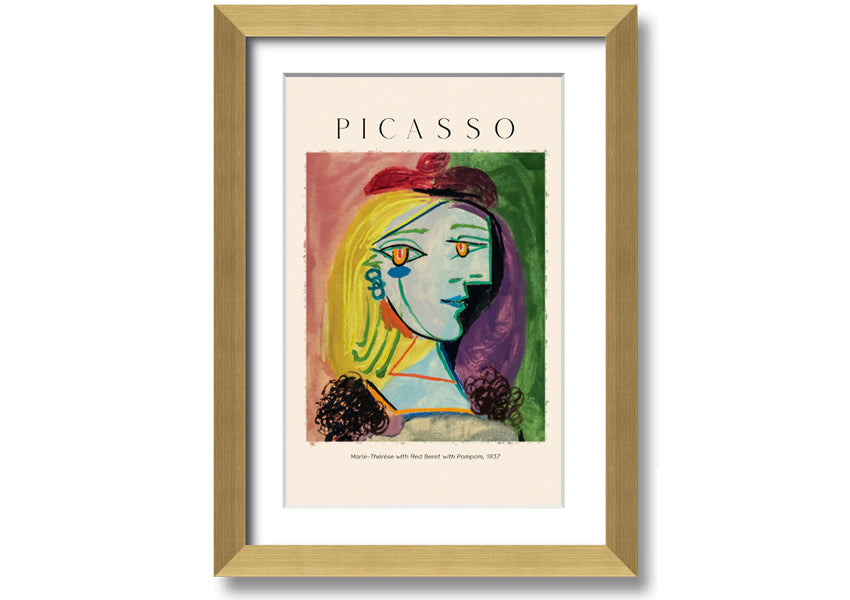 A vibrant canvas print of Picasso's Marie-Thérèse with a red beret and pompom, mounted on a box frame.