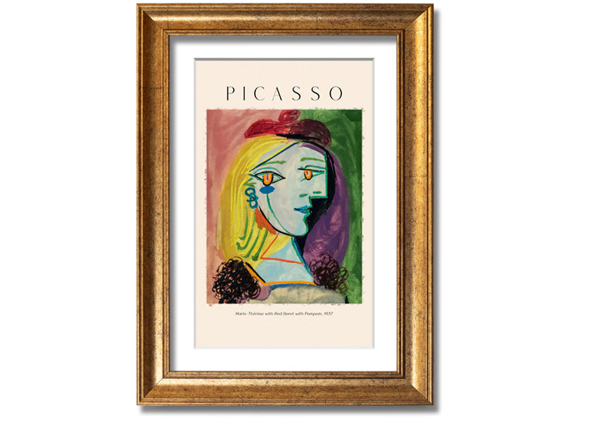 A vibrant canvas print of Picasso's Marie-Thérèse with a red beret and pompom, mounted on a box frame.