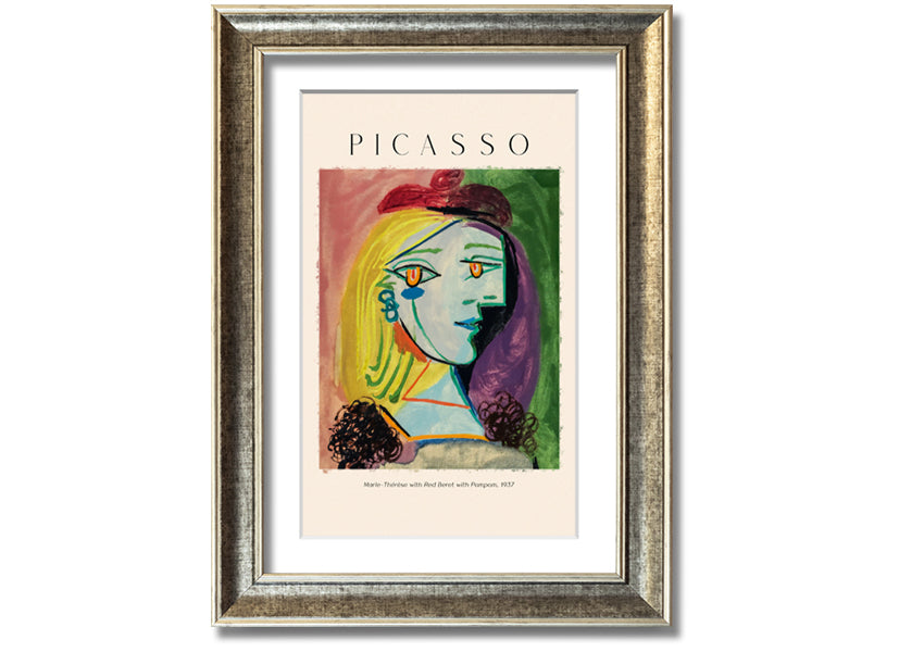 A vibrant canvas print of Picasso's Marie-Thérèse with a red beret and pompom, mounted on a box frame.