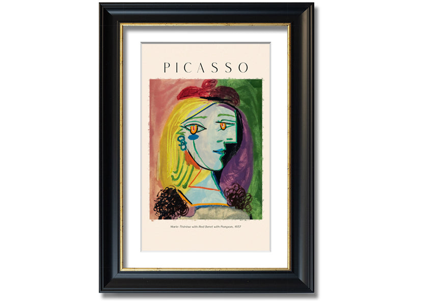 A vibrant canvas print of Picasso's Marie-Thérèse with a red beret and pompom, mounted on a box frame.