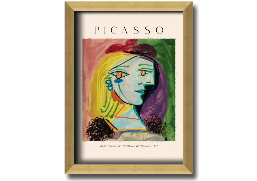 A vibrant canvas print of Picasso's Marie-Thérèse with a red beret and pompom, mounted on a box frame.