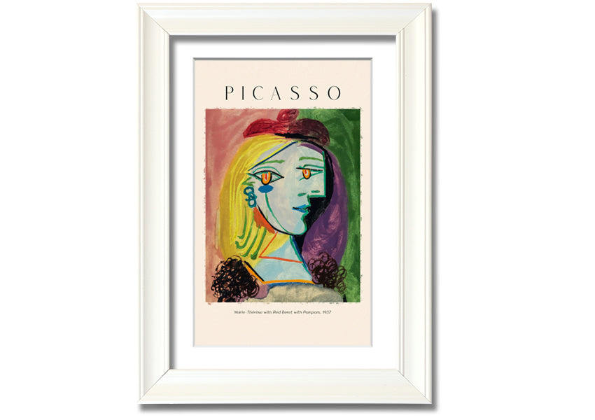 A vibrant canvas print of Picasso's Marie-Thérèse with a red beret and pompom, mounted on a box frame.