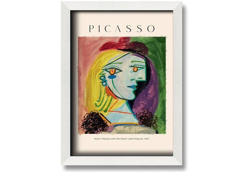 A vibrant canvas print of Picasso's Marie-Thérèse with a red beret and pompom, mounted on a box frame.