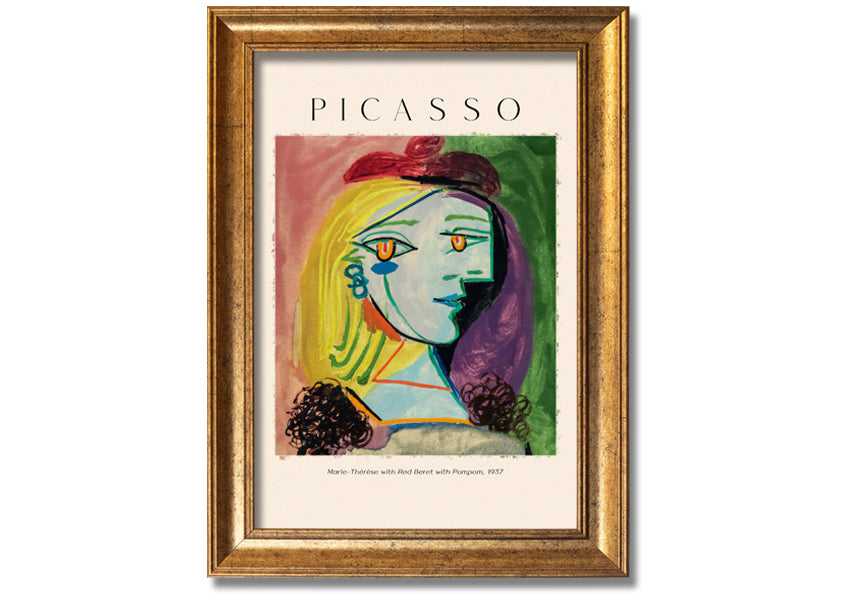 A vibrant canvas print of Picasso's Marie-Thérèse with a red beret and pompom, mounted on a box frame.