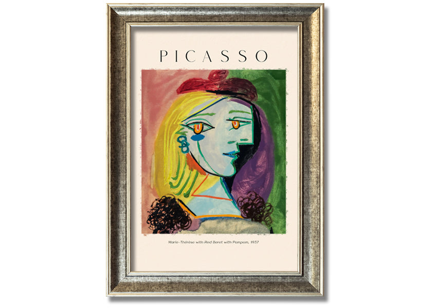 A vibrant canvas print of Picasso's Marie-Thérèse with a red beret and pompom, mounted on a box frame.