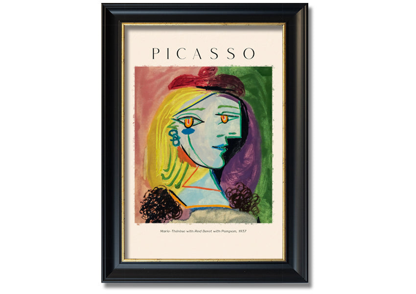 A vibrant canvas print of Picasso's Marie-Thérèse with a red beret and pompom, mounted on a box frame.