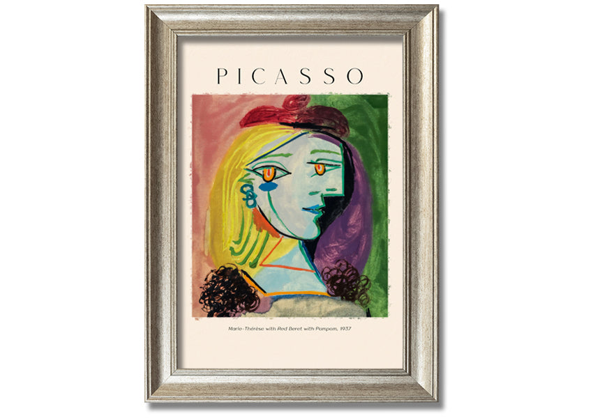 A vibrant canvas print of Picasso's Marie-Thérèse with a red beret and pompom, mounted on a box frame.