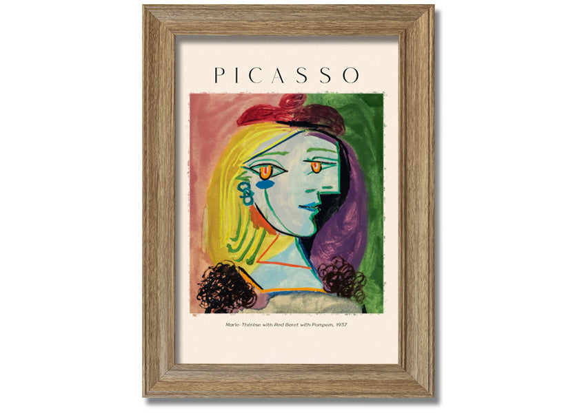 A vibrant canvas print of Picasso's Marie-Thérèse with a red beret and pompom, mounted on a box frame.