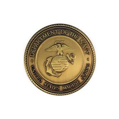 Marine Corps Brass service medallion, 2 1/2 inches in diameter, featuring an antique finish and adhesive backing for easy mounting.