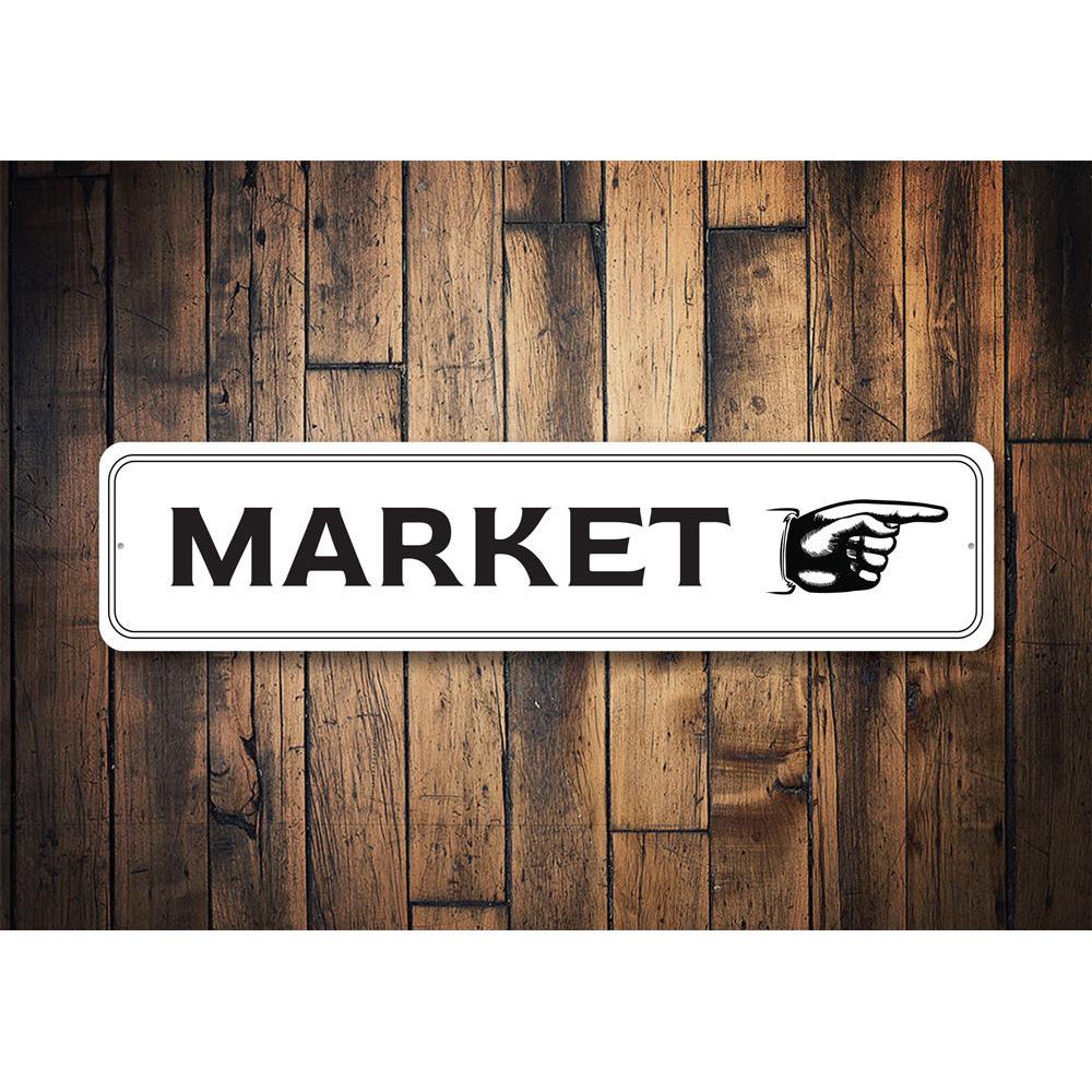 Customizable Market Directional Sign made from high-quality aluminum, featuring pre-drilled holes for easy mounting.