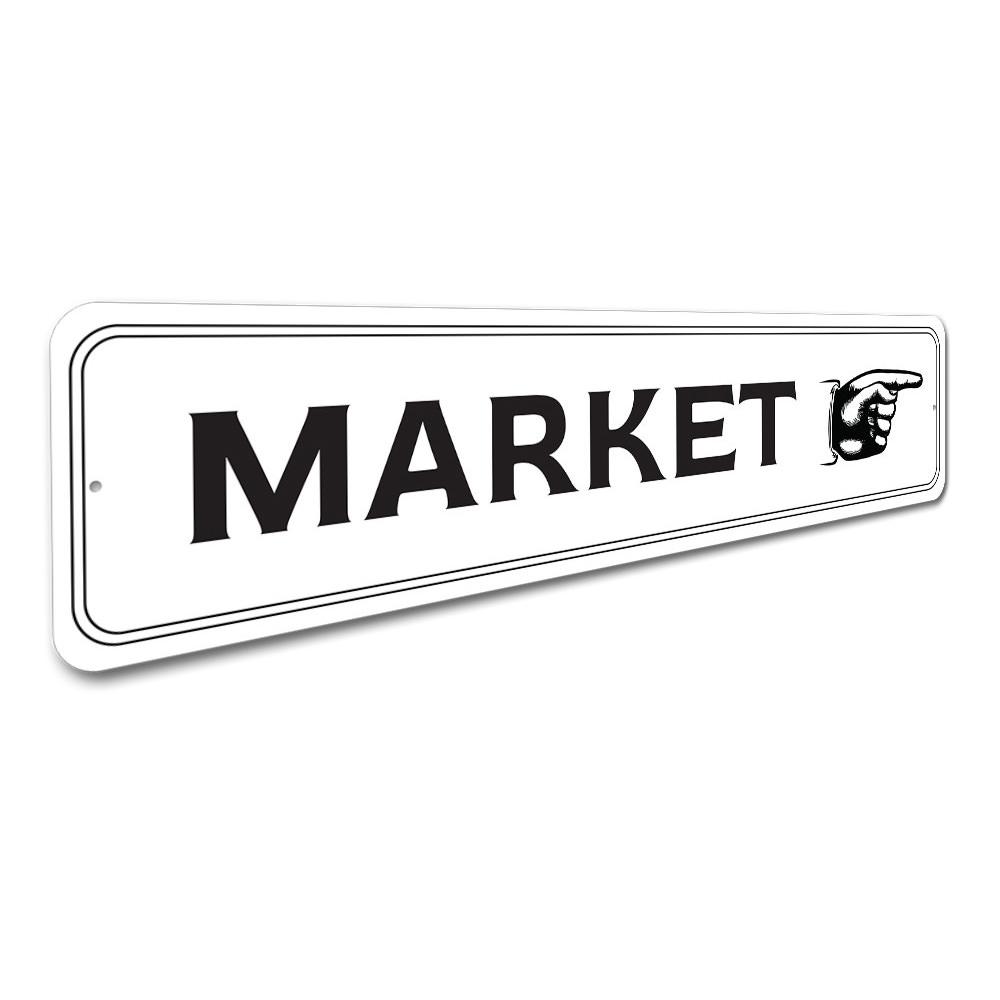 Customizable Market Directional Sign made from high-quality aluminum, featuring pre-drilled holes for easy mounting.