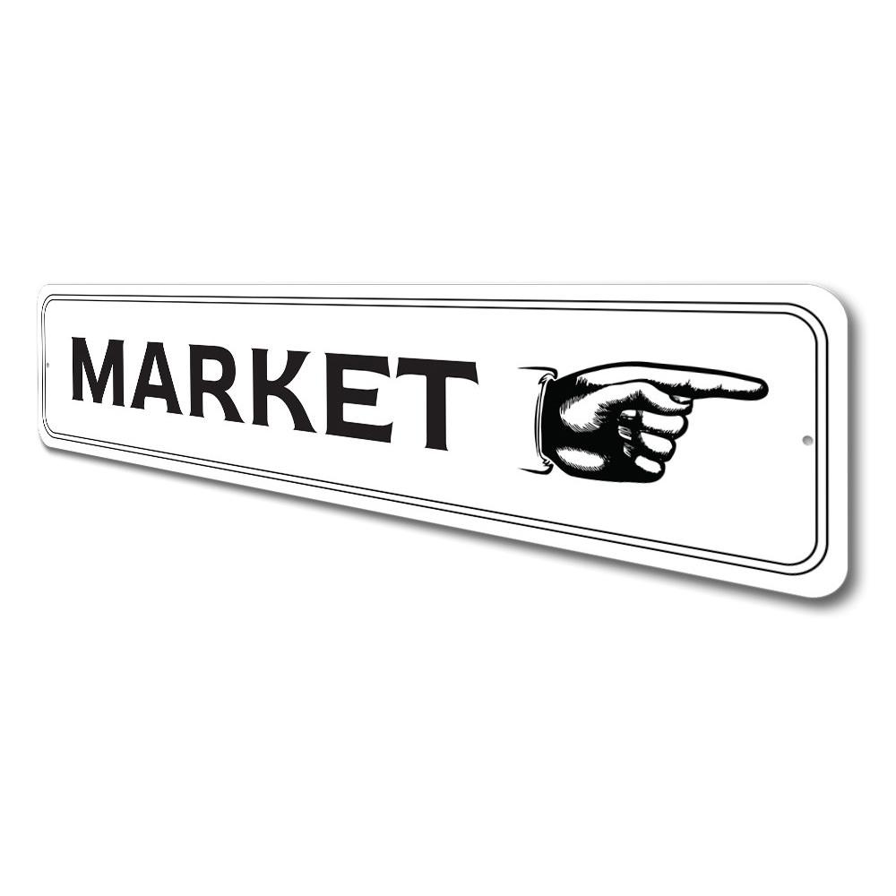 Customizable Market Directional Sign made from high-quality aluminum, featuring pre-drilled holes for easy mounting.