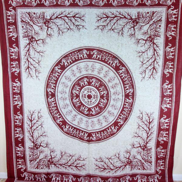 A vibrant maroon tapestry featuring majestic tigers and elephants in a mandala design, surrounded by lush leaves and branches.