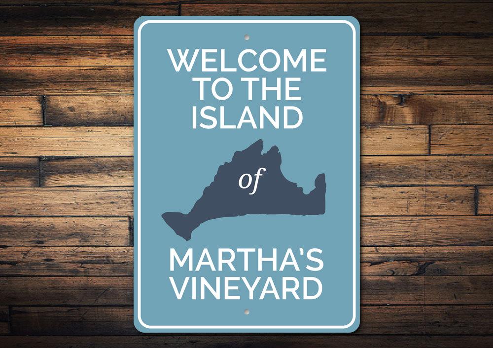 Marthas Vineyard Island Sign made of high-quality aluminum, featuring a coastal design perfect for beach houses and outdoor decor.