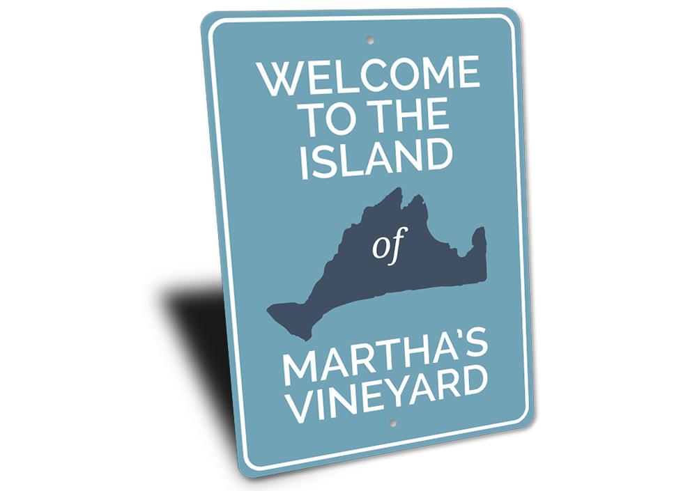 Marthas Vineyard Island Sign made of high-quality aluminum, featuring a coastal design perfect for beach houses and outdoor decor.