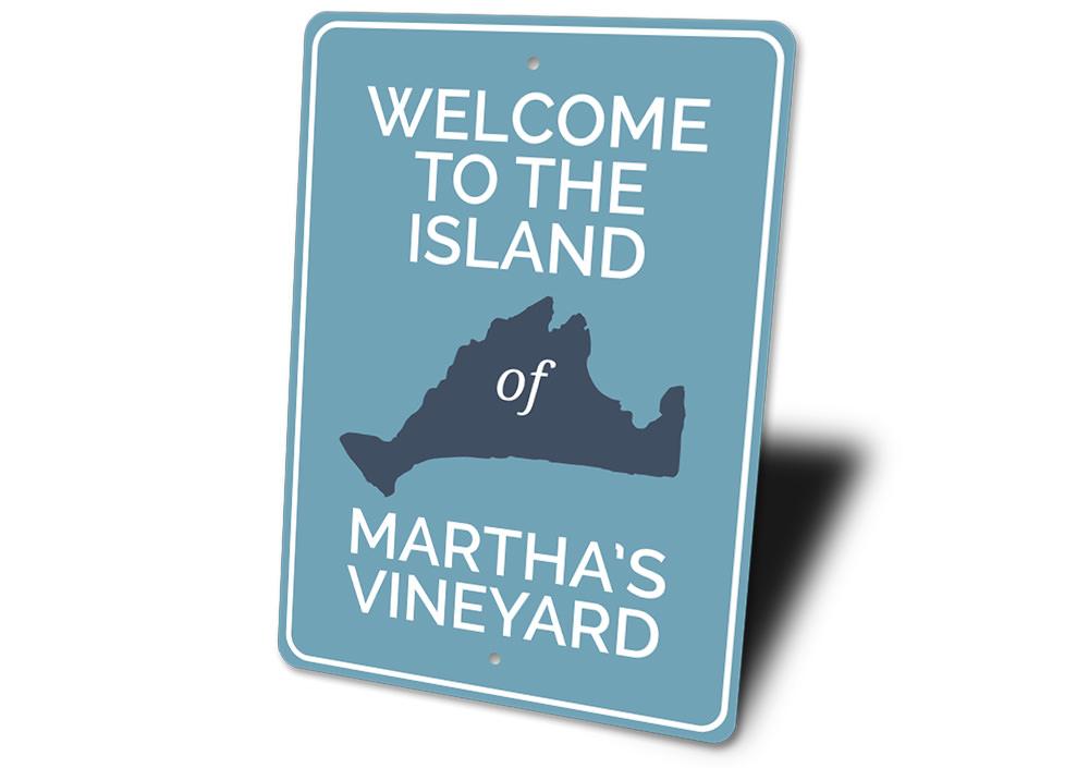 Marthas Vineyard Island Sign made of high-quality aluminum, featuring a coastal design perfect for beach houses and outdoor decor.