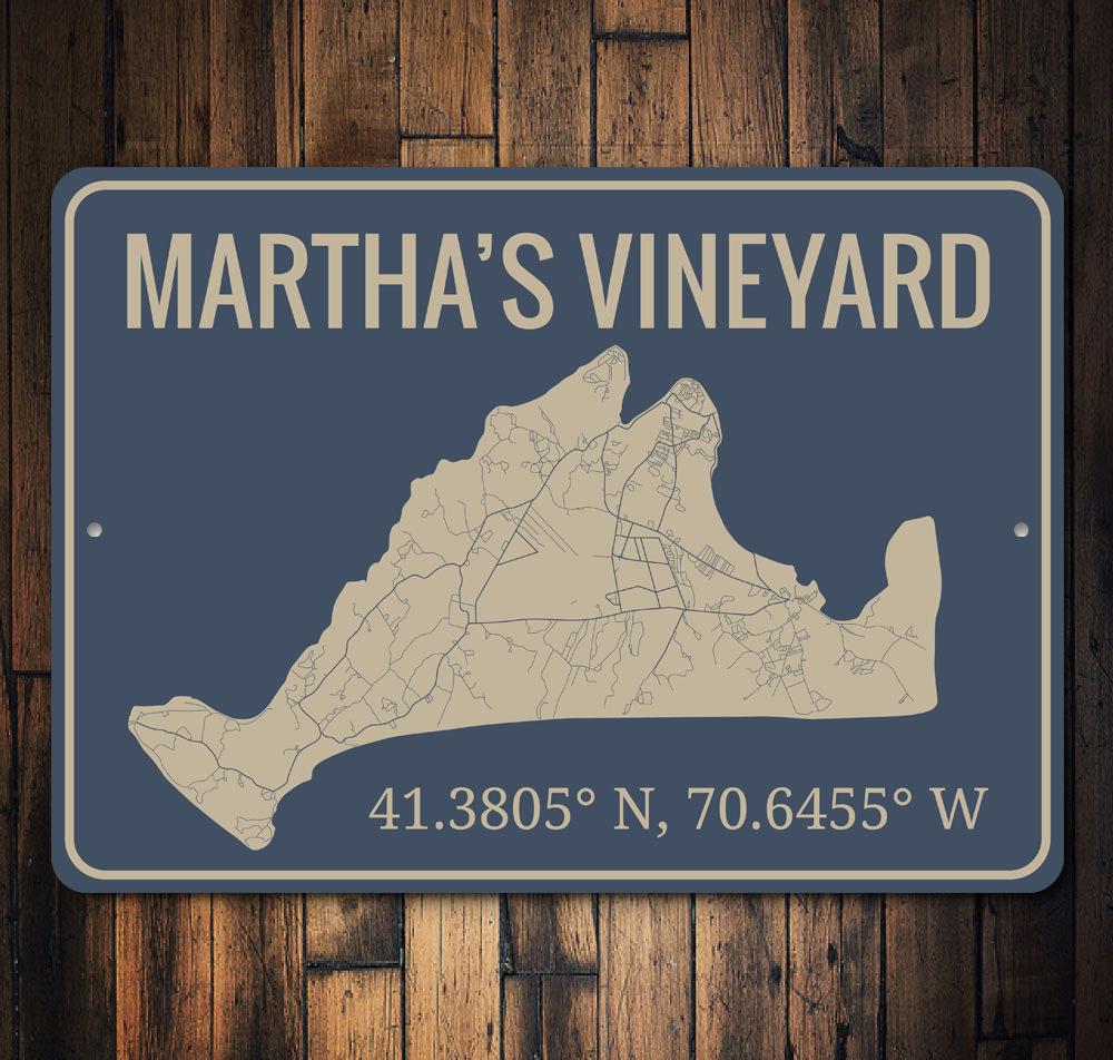 Marthas Vineyard Sign featuring a coastal design, made from high-quality aluminum, perfect for beach-themed decor.