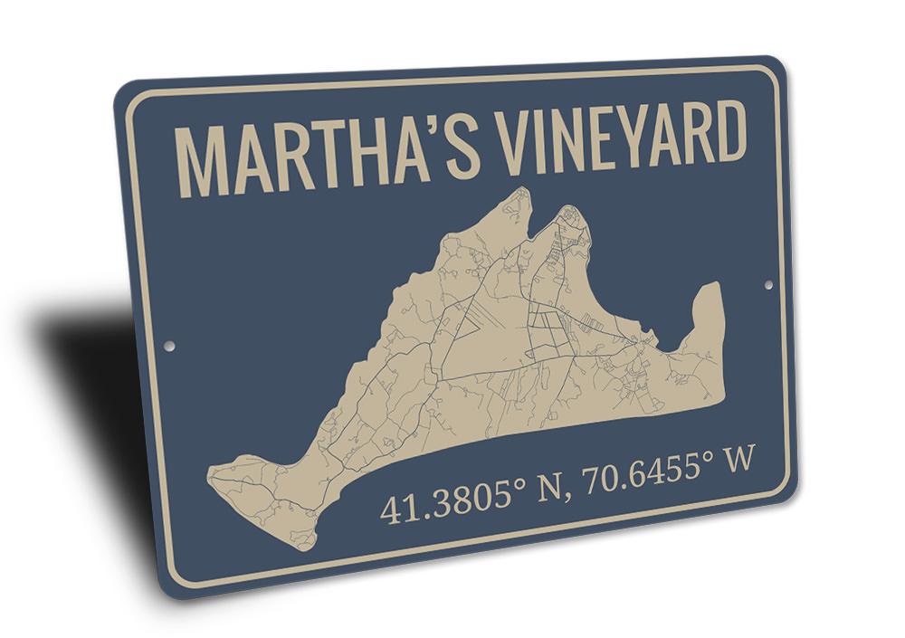 Marthas Vineyard Sign featuring a coastal design, made from high-quality aluminum, perfect for beach-themed decor.