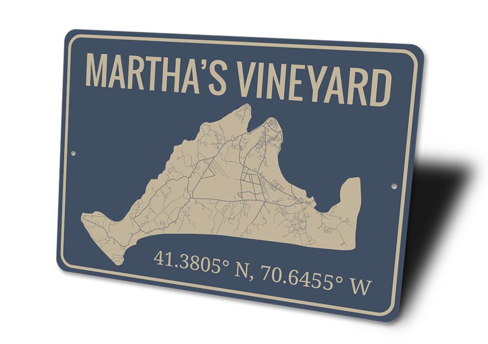 Marthas Vineyard Sign featuring a coastal design, made from high-quality aluminum, perfect for beach-themed decor.