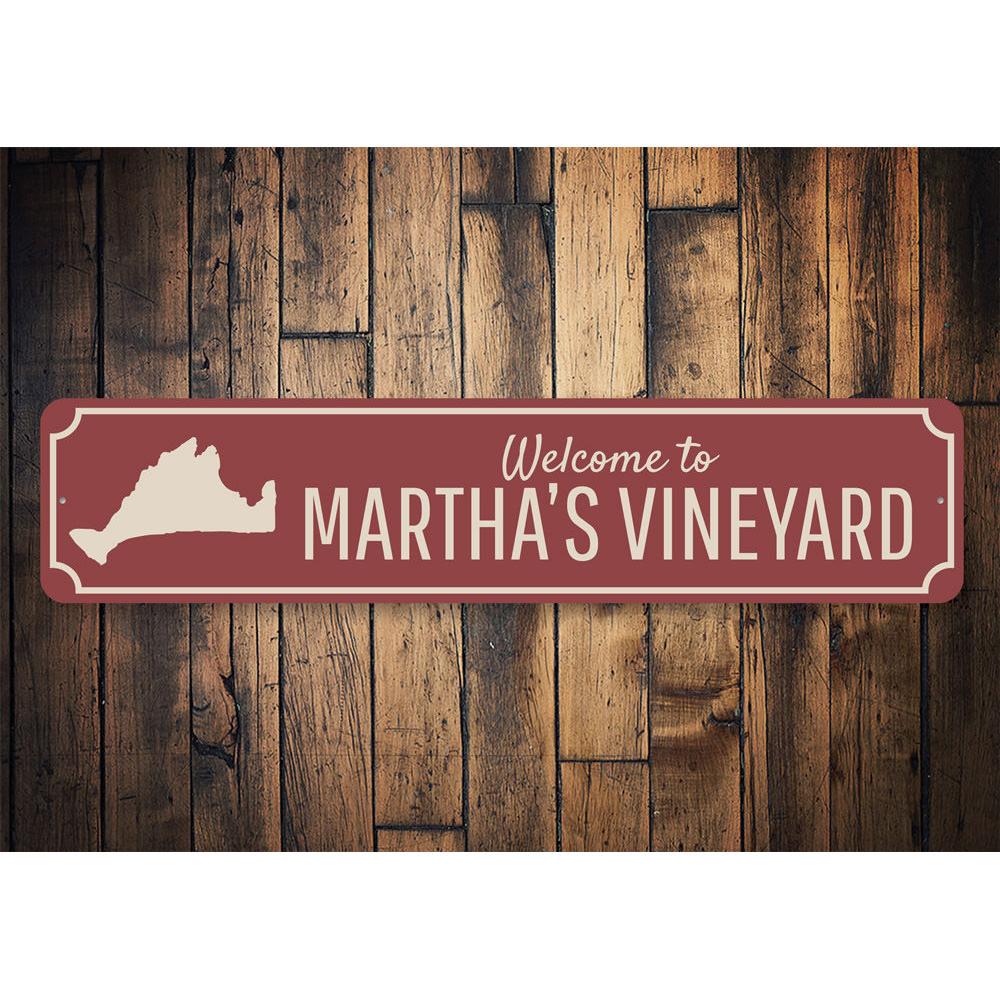 Marthas Vineyard Welcome Sign made of high-quality aluminum, featuring a charming design suitable for indoor and outdoor decor.