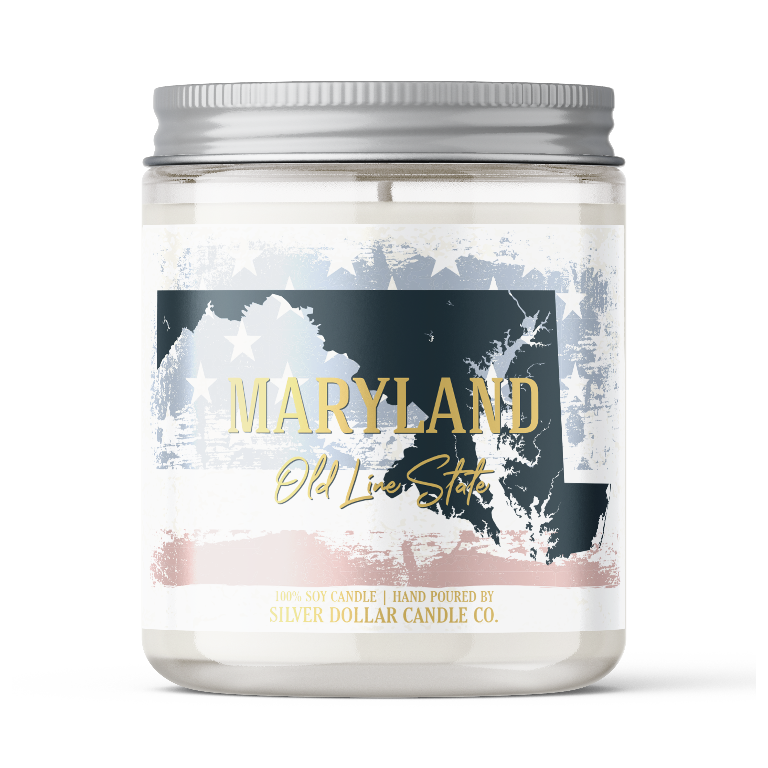 Maryland State Candle in a decorative box, showcasing its unique scent and personalized lid option.