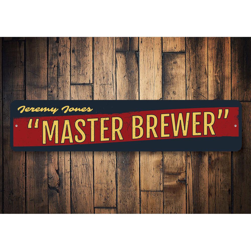 Master Brewer Sign made of high-quality aluminum, featuring customizable text, ideal for home decor.