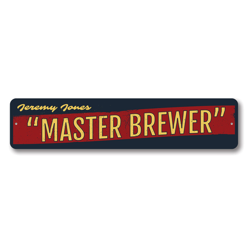 Master Brewer Sign made of high-quality aluminum, featuring customizable text, ideal for home decor.