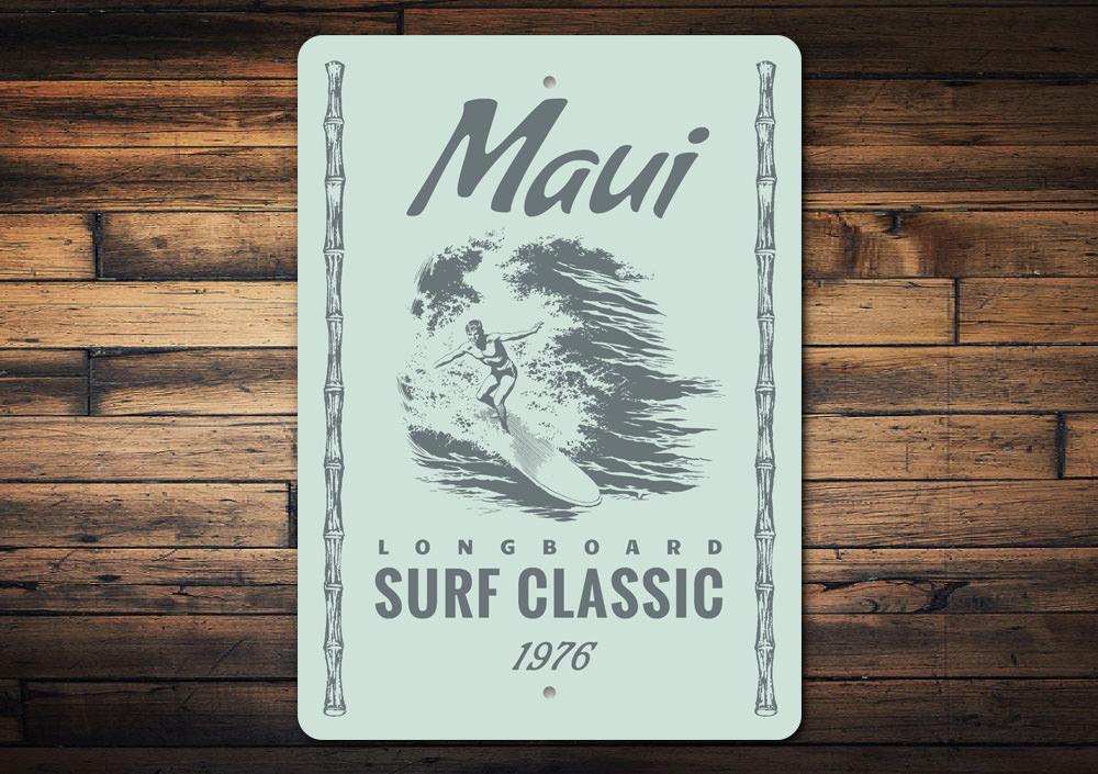 Maui Surfing Sign made of high-quality aluminum, featuring vibrant colors and a surfing theme, perfect for home decor.