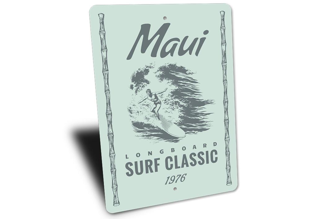 Maui Surfing Sign made of high-quality aluminum, featuring vibrant colors and a surfing theme, perfect for home decor.