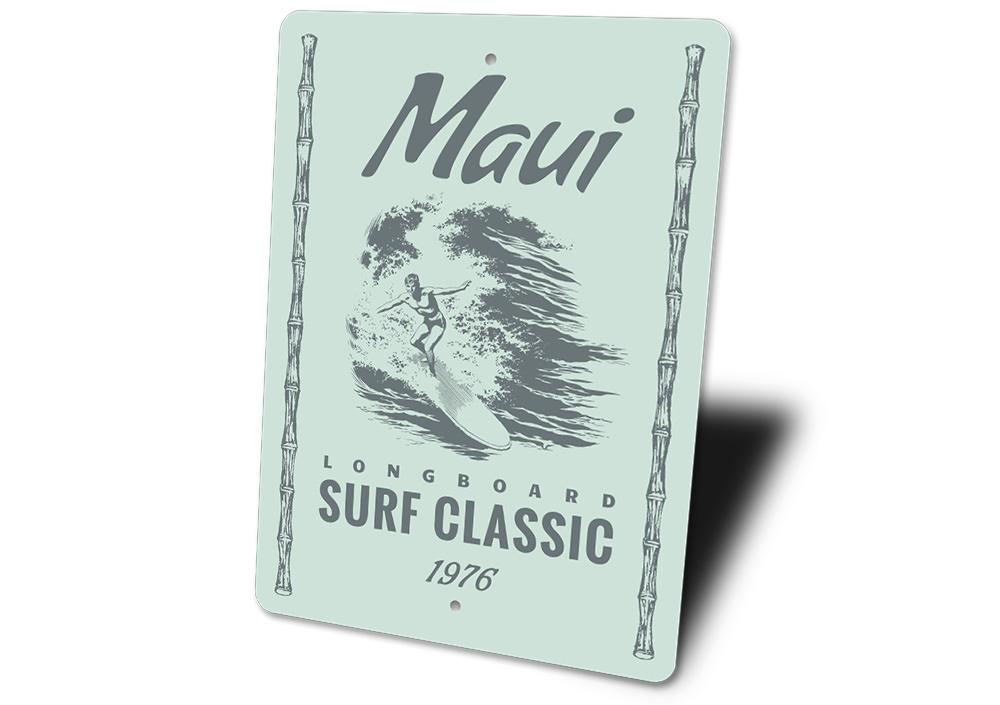 Maui Surfing Sign made of high-quality aluminum, featuring vibrant colors and a surfing theme, perfect for home decor.