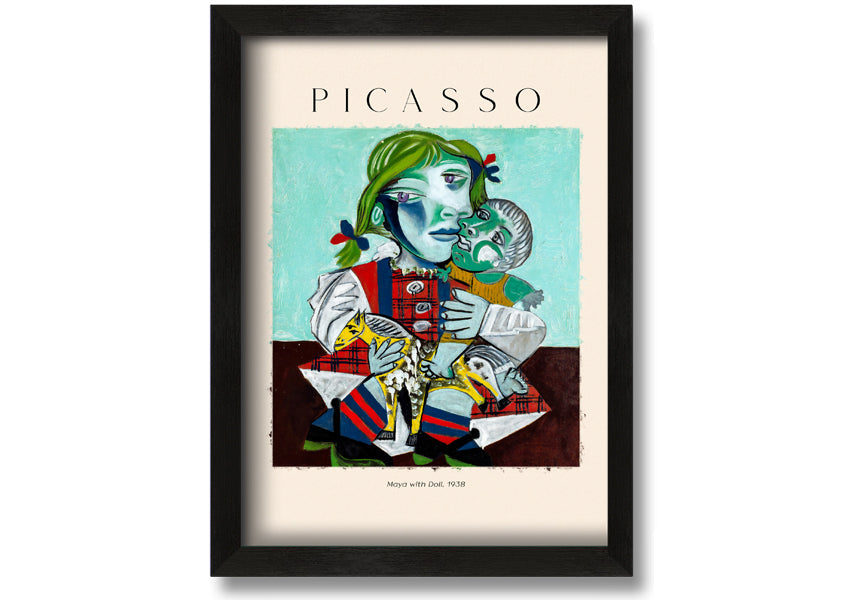 A vibrant canvas print of Picasso's 'Maya With Doll, 1938', featuring a young girl holding a doll, mounted on a 44mm box frame.