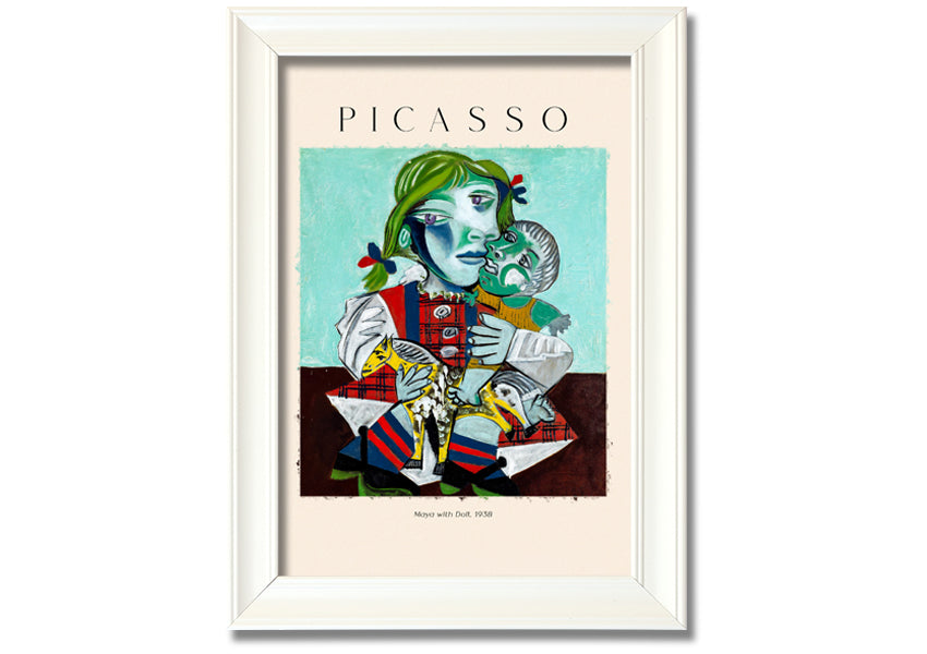 A vibrant canvas print of Picasso's 'Maya With Doll, 1938', featuring a young girl holding a doll, mounted on a 44mm box frame.