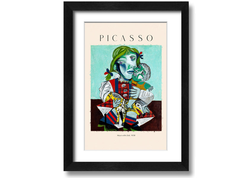 A vibrant canvas print of Picasso's 'Maya With Doll, 1938', featuring a young girl holding a doll, mounted on a 44mm box frame.