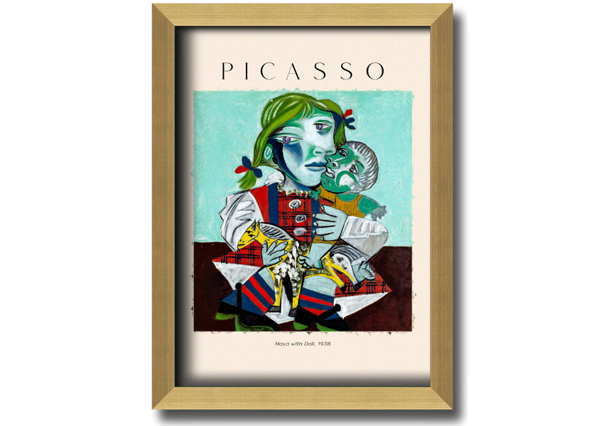 A vibrant canvas print of Picasso's 'Maya With Doll, 1938', featuring a young girl holding a doll, mounted on a 44mm box frame.