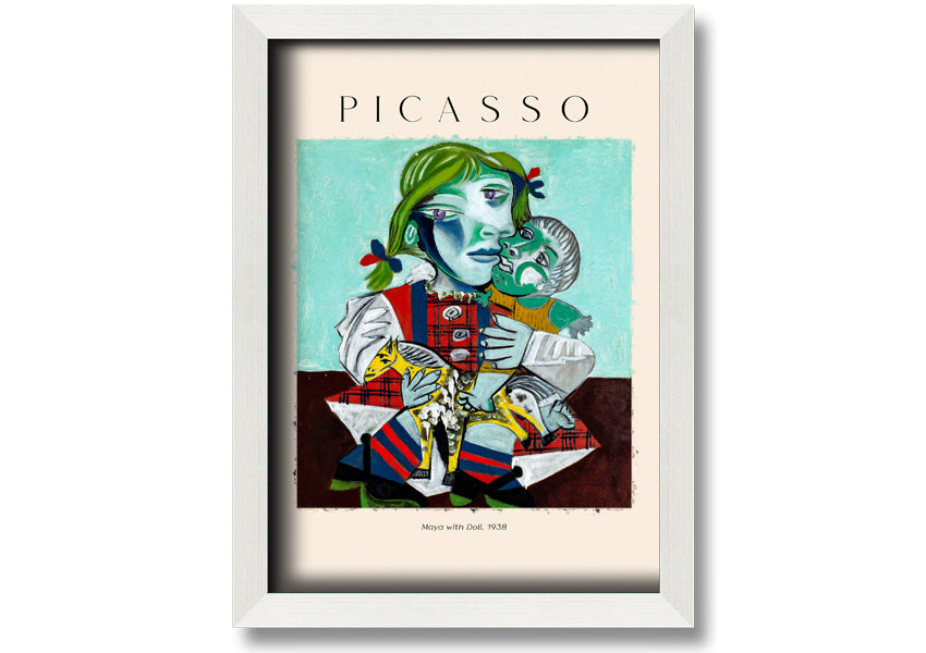 A vibrant canvas print of Picasso's 'Maya With Doll, 1938', featuring a young girl holding a doll, mounted on a 44mm box frame.