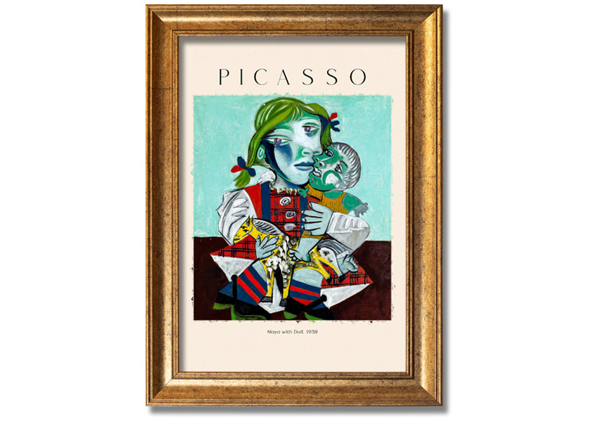 A vibrant canvas print of Picasso's 'Maya With Doll, 1938', featuring a young girl holding a doll, mounted on a 44mm box frame.