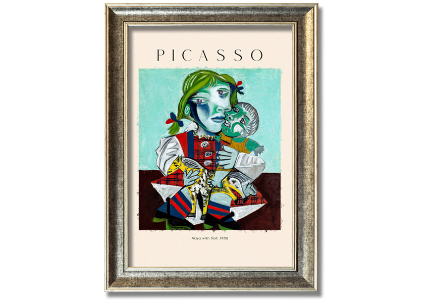 A vibrant canvas print of Picasso's 'Maya With Doll, 1938', featuring a young girl holding a doll, mounted on a 44mm box frame.