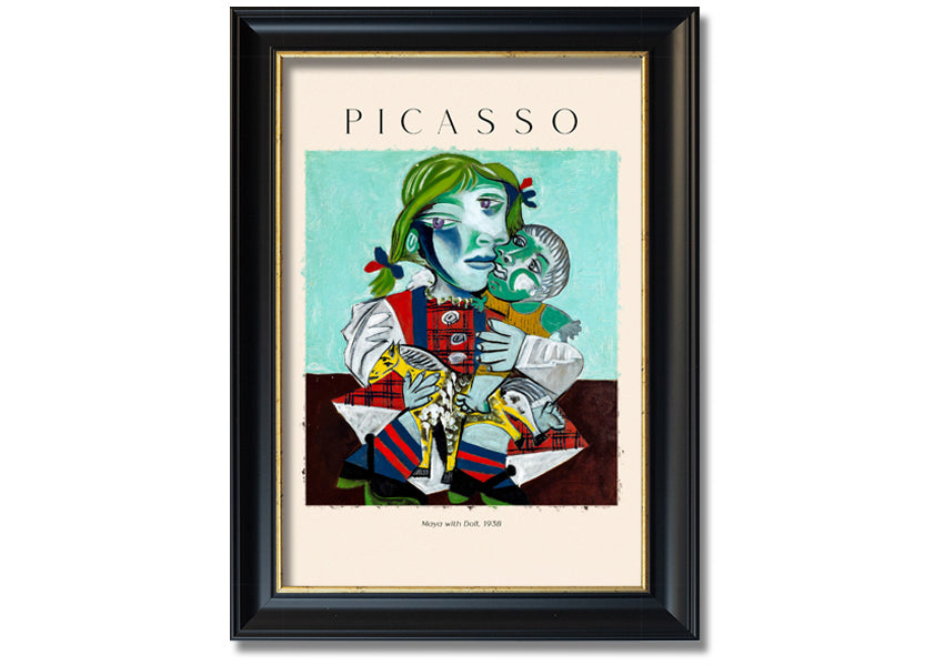 A vibrant canvas print of Picasso's 'Maya With Doll, 1938', featuring a young girl holding a doll, mounted on a 44mm box frame.