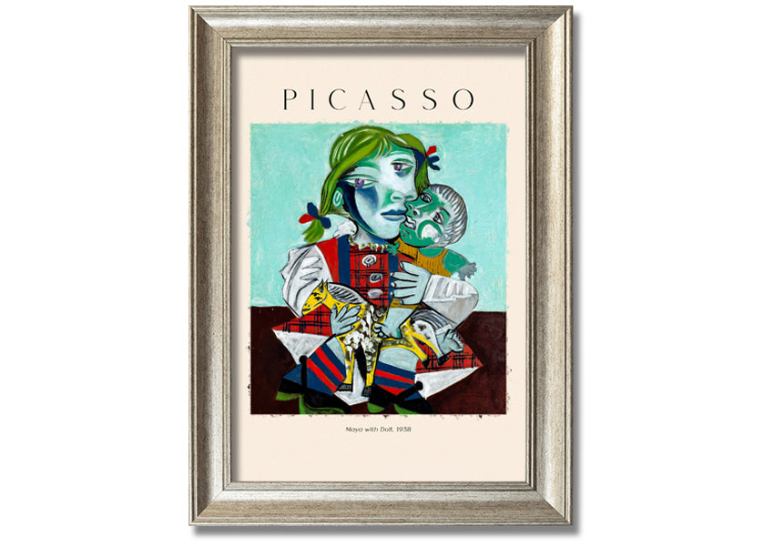 A vibrant canvas print of Picasso's 'Maya With Doll, 1938', featuring a young girl holding a doll, mounted on a 44mm box frame.