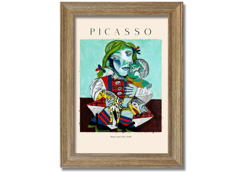 A vibrant canvas print of Picasso's 'Maya With Doll, 1938', featuring a young girl holding a doll, mounted on a 44mm box frame.