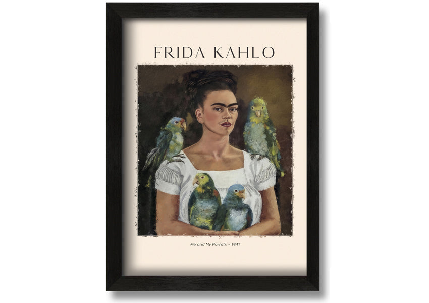 A vibrant canvas print of 'Me And My Parrots' by Frida Kahlo, featuring colorful parrots and lush foliage, mounted on a sturdy box frame.