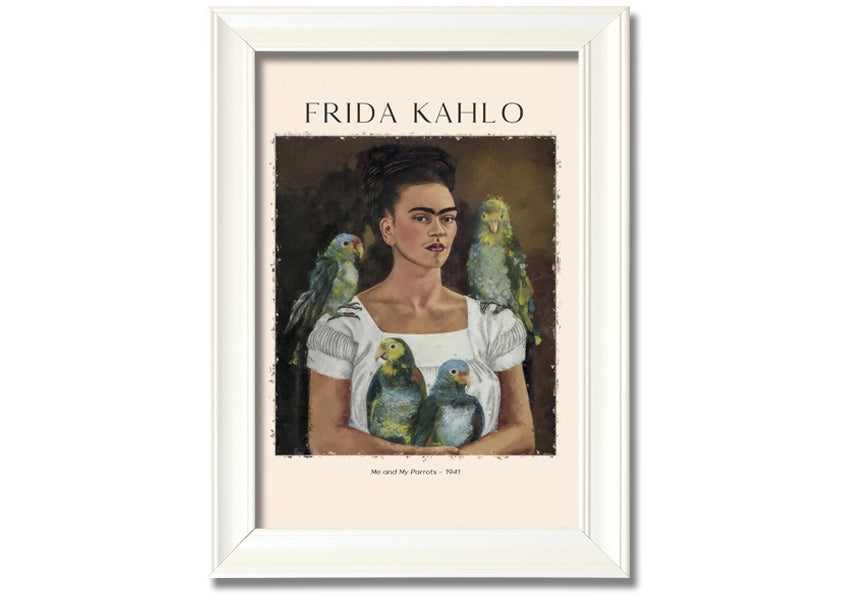 A vibrant canvas print of 'Me And My Parrots' by Frida Kahlo, featuring colorful parrots and lush foliage, mounted on a sturdy box frame.