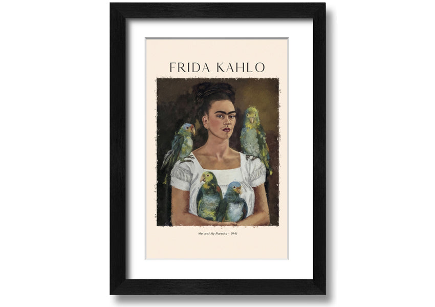 A vibrant canvas print of 'Me And My Parrots' by Frida Kahlo, featuring colorful parrots and lush foliage, mounted on a sturdy box frame.