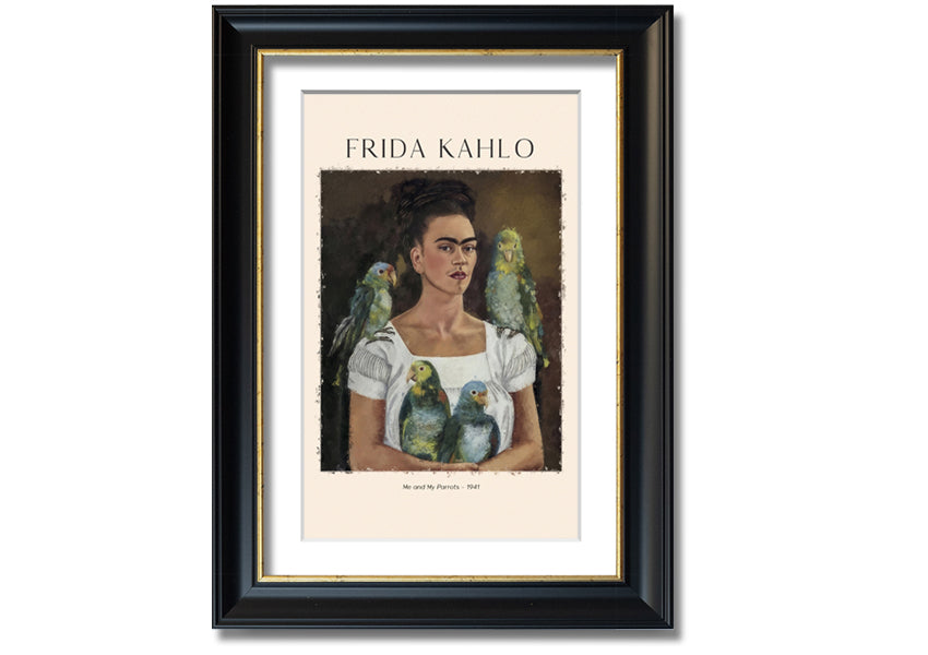 A vibrant canvas print of 'Me And My Parrots' by Frida Kahlo, featuring colorful parrots and lush foliage, mounted on a sturdy box frame.