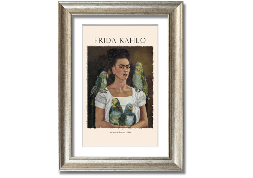 A vibrant canvas print of 'Me And My Parrots' by Frida Kahlo, featuring colorful parrots and lush foliage, mounted on a sturdy box frame.