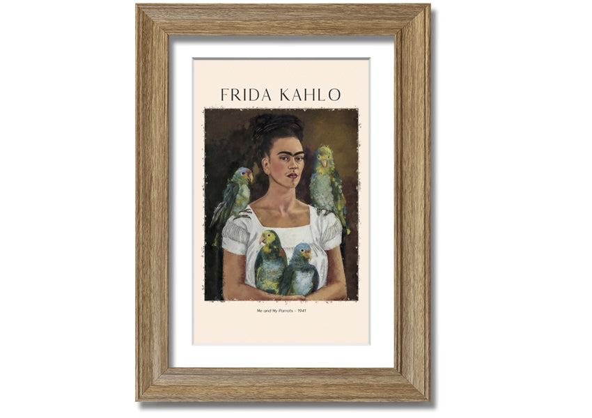 A vibrant canvas print of 'Me And My Parrots' by Frida Kahlo, featuring colorful parrots and lush foliage, mounted on a sturdy box frame.